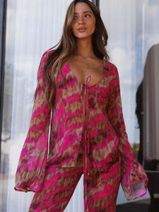 Women's 2-piece floral chiffon set with tie-front long sleeve top and matching pants
