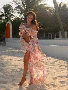 Sexy Floral Beach Skirt Set Women Top And Bottom Off-The-Shoulder Ruffle Crop Top High Slit Maxi Skirt Bohemian Holiday Outfit