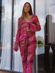 Women's 2-piece tie-dye bikini set with long-sleeved tie-front top and matching trousers