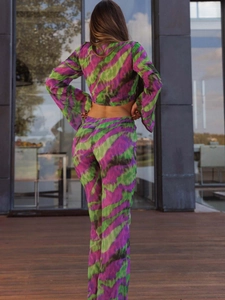 Women's 2-piece tie-dye mesh set featuring long sleeve crop top and matching trousers