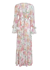 Macro detail of V-neckline floral maxi dress with drawstring waist and ruffle sleeve cuffs
