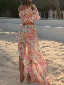 Floral print two-piece beach set with ruffle crop top and split maxi skirt in mesh fabric