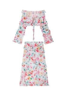 Two-piece floral print beach set with long sleeve crop top and ruffled midi skirt