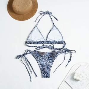 Detailed view of animal print bikini set with straw hat and beach vacation props