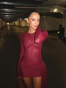 Sexy weinrotes Mesh-Minikleid mit langen Ärmeln und plissierter Textur im Urban-Look