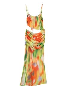 Robe de plage longue à imprimé aquarelle, découpes latérales et fines bretelles