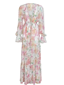 Floral print long sleeve V-neck maxi dress with drawstring waist and layered ruffle skirt