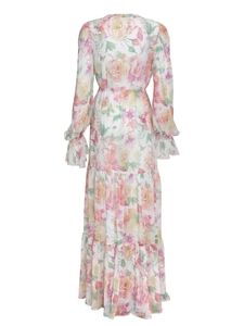 Floral print maxi dress with tiered skirt and cinched waist design from back view