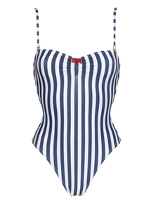 Maillot de bain une pièce à rayures avec fines bretelles et petit nœud rouge décoratif