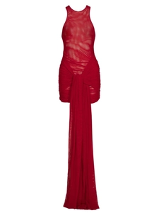 Red halter ruched mesh dress with sexy sheer fabric and dramatic long floor-length streamers
