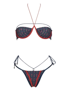 Sexy halter neck bikini set with vintage print and metal ring details on white background