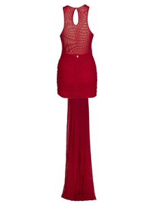 Deep red halter neck dress with sheer mesh back and elegant pleated flowing train