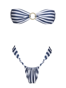 Blue and white striped bandeau bikini set with a decorative gold ring detail