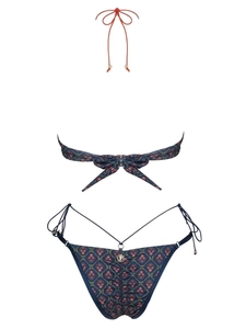 Two-piece halter bikini with navy floral chain print and metallic logo detail