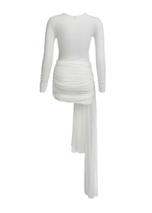 Detailansicht weißes Langarmkleid mit künstlerischer Raffung und bodenlangem Netz-Schleppe