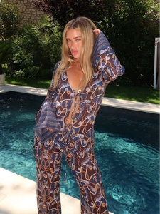 Women's deep V-neck long sleeve tie-top and wide-leg pants with baroque ocean print