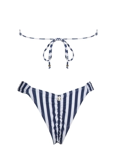 Blue and white striped bikini set with tie-up triangle top and high-cut pleated bottoms
