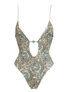 Sexy deep V-neck one-piece swimsuit with paisley print and turquoise bead detail