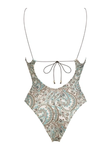 Sexy backless paisley print one-piece swimsuit with deep V-neck and thin tie straps