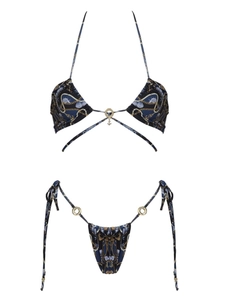 Two-piece ocean print bikini set with gold chain patterns and anchor charm detail