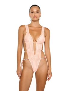 Sexy one-piece peach pink swimsuit with deep V-neck, cutout design and bead accents