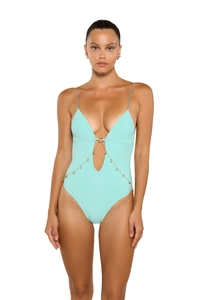 Detail of mint green one-piece swimsuit featuring elegant golden butterfly chain and rings