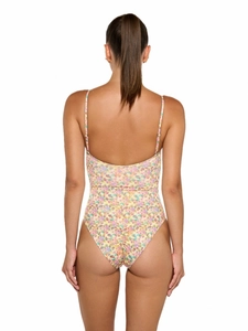 Floral one-piece swimsuit with slim straps and ruched back detail in white background