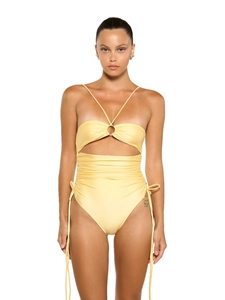Pale yellow one-piece cutout swimsuit with front drawstrings and high elasticity fabric