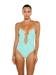 Mint green one-piece swimsuit with spaghetti straps and butterfly chain detail