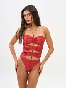 Red cut-out one-piece swimsuit with halter neck and golden metal rings for women