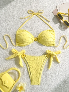 Women's Sexy Solid Color 3D Floral Texture Bikini Swimsuit For Beach Vacation Top And Bottom Polyester Halter Neck Swimwear