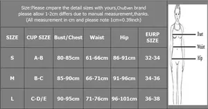 Detailed size chart for sexy 3-piece bikini set including S, M, L measurements