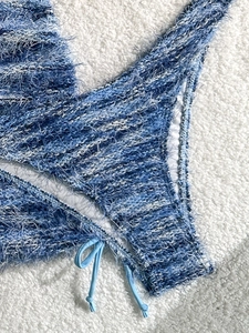 Three-piece sexy blue and white mohair bikini swimsuit with fuzzy texture and side ties