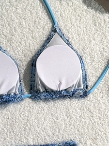 Light blue mohair bikini top with fringe trim and removable padding for beachwear