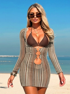 Women Sexy Bikini And Striped Crochet Long Sleeve Cover Up Dress Hollow Out Beachwear Vacation Swimsuit For Women Brown
