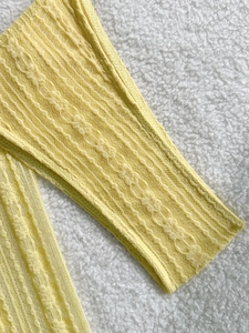 Three-piece solid yellow crochet knit bikini set with hollow textured vertical patterns