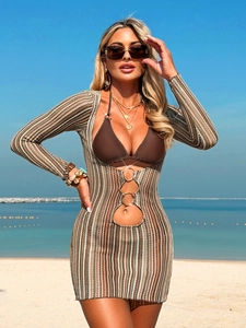 Chic 3-piece bikini set with striped knit beach cover-up dress and metal ring detail