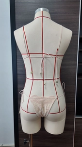 Vue arrière détaillée d'un ensemble bikini en dentelle rose clair avec bretelles fines et broderie