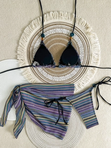 Three-piece colorful striped knit bikini set with halter top, bottom and beach sarong