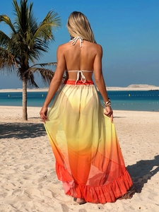 Vibrant yellow-orange gradient mesh beach cover-up skirt with ruffle details for women