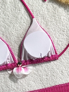 Three-piece mesh bikini set with pink textured fabric and gradient 3D flower detail
