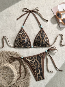 Sexy leopard print bikini set with sequins, halter neck top and turquoise bead accents