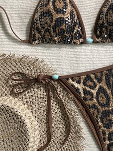 Sexy leopard print sequin bikini set with turquoise beads and halter string ties