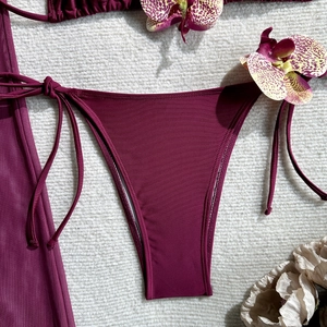 Detail of burgundy tie-side bikini bottom and semi-transparent mesh sarong on a rug