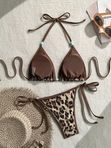 Sexy leopard print halter bikini set with sequin trim and blue beads for summer beach vacations