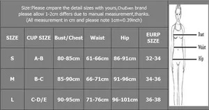 Detailed sizing chart with measurements for women's three-piece bikini and beachwear