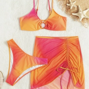 Three-piece vibrant sunset gradient bikini set with metal ring and matching beach sarong