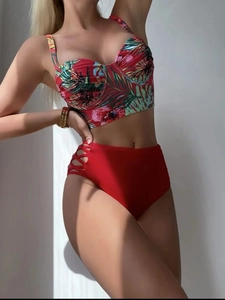 Detail of red tropical floral bikini top with underwire and lace-up high waist bottom