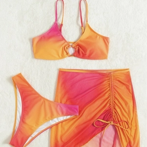Three-piece ombre bikini set with drawstring skirt and metal ring detail in pink orange