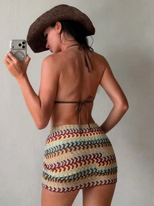 Three-piece sexy halter bikini set with multi-color crochet wave pattern beach skirt